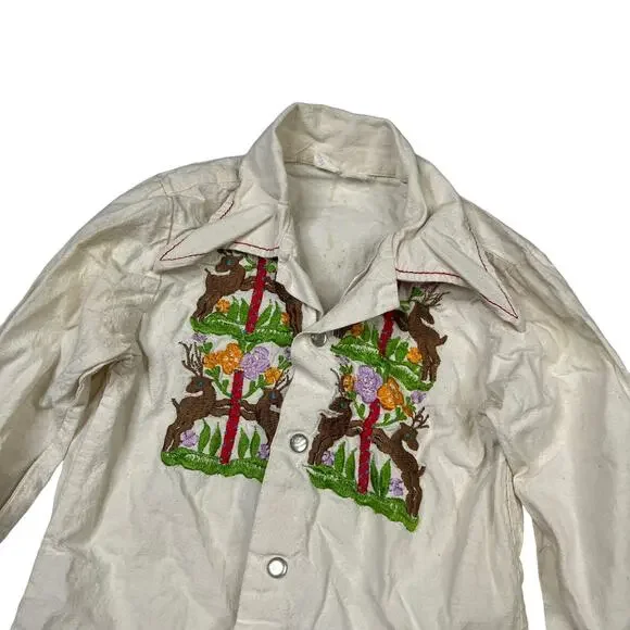 Vintage 60s 70s Embroidered Pearl Snap Big Collar Shirt Deer Floral Youth XS - Picture 3 of 7